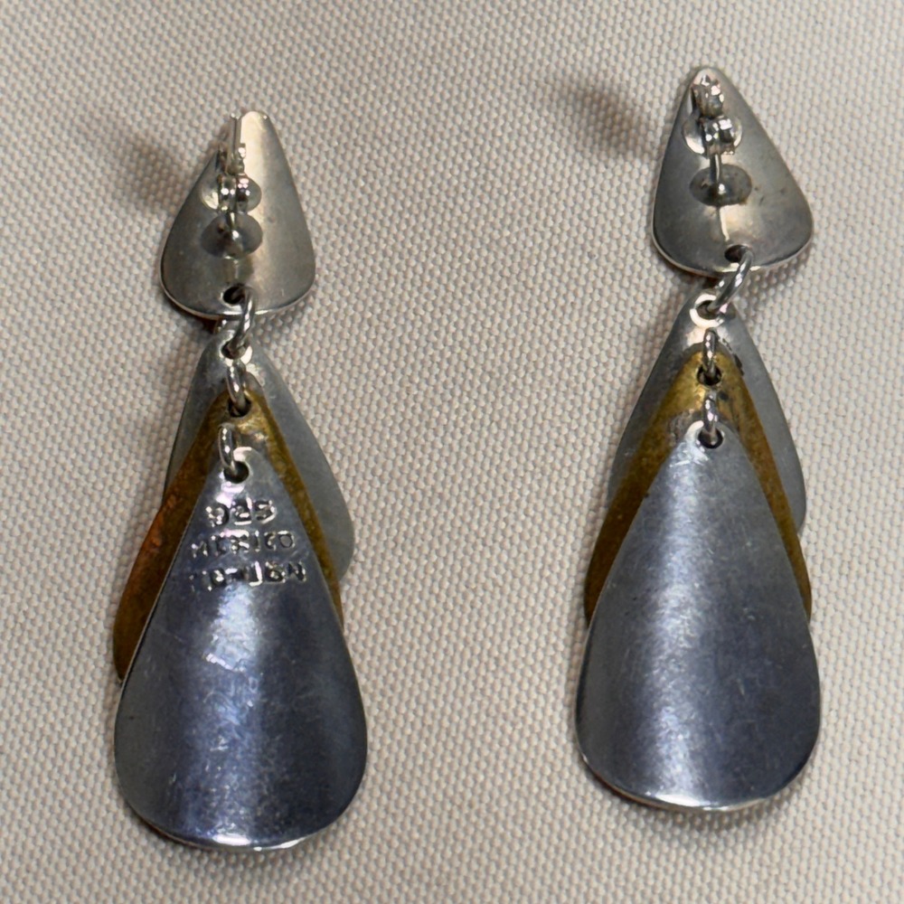 Taxco Mexico 925 Sterling Silver Mixed Metal Tiered Teardrop Earrings TC-164 GUC - Picture 2 of 16